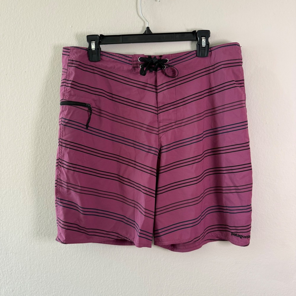 Patagonia‎ Mens Board Shorts Purple Striped Swim Trunks Size 35 Side Zip Pocket